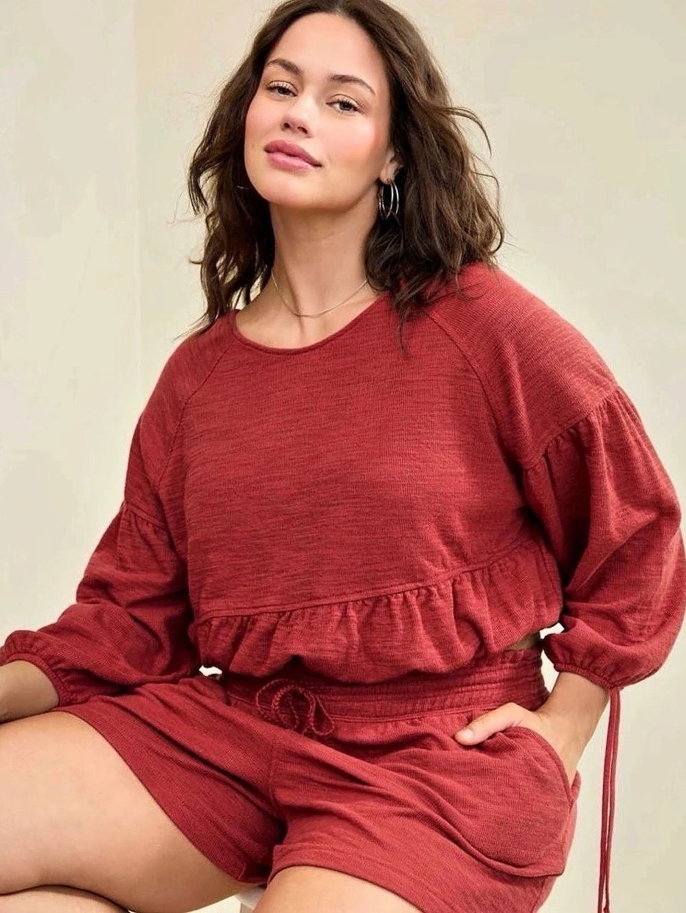 Aerie Cropped Peplum Blouse in Red Size XS